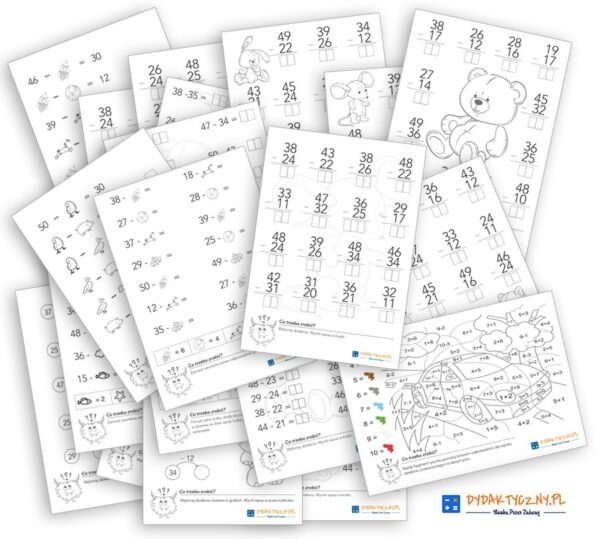 Odejmowanie do 50. Zestaw 242 zadania + Kolorowanka matematyczna Dydaktyczny Pl Odejmowanie Slupki dydaktyczny