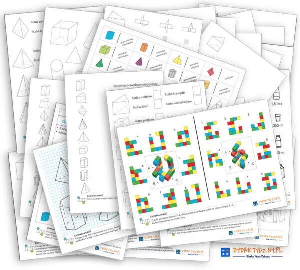 24 Karty Pracy „Bryły – graniastosłupy i ostrosłupy” + domino Zestaw Graniastoslupy I Ostroslupy dydaktyczny