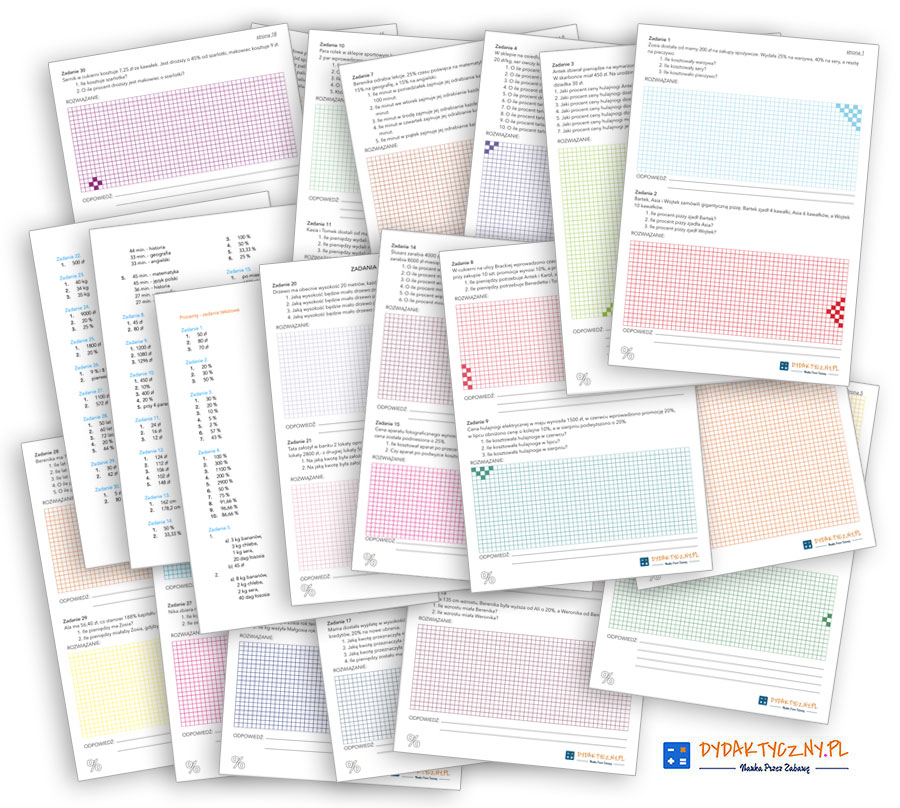 18 Kart Pracy Procenty – Część III –  30 Zadań tekstowych oraz kart odpowiedzi  Procenty Zadania Tekstowe dydaktyczny