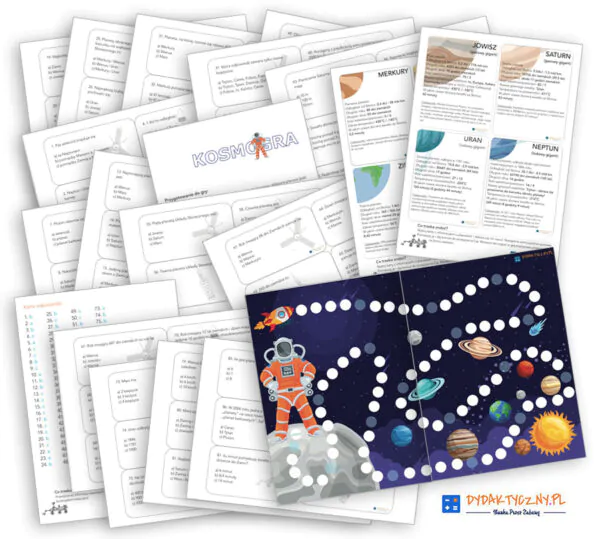 90 Kart „Quiz Układ Słoneczny” + Kosmiczna Gra Planszowa + 8 Infokart  Kosmoquiz dydaktyczny