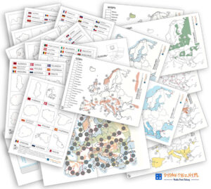 22 karty – „EUROPA – Palcem po mapie” 8 kart pracy oraz karty trójdzielne/memory i gra planszowa Europa Placem Po Mapie dydaktyczny
