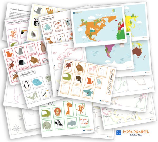 Duży zestaw przyrodniczo-geograficzny „Zwierzęta kontynentów” – Kolory Montessori dydaktyczny