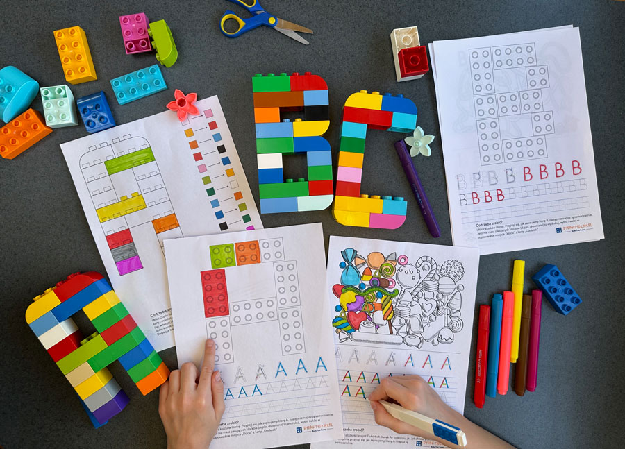 36 Kart Pracy - Alfabet Malucha - Poznajemy litery z klockami - część 1 od A do L Alfabet-ab