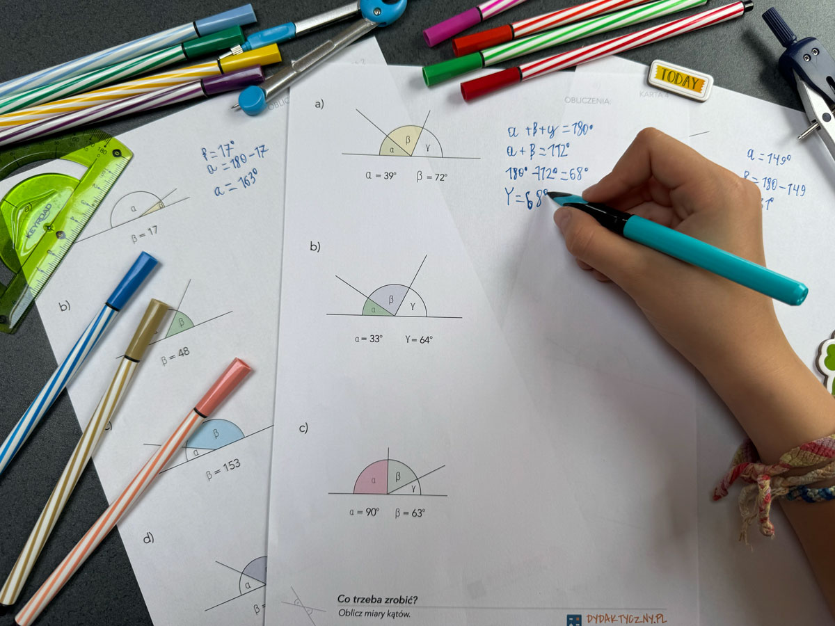12 Kart Pracy - Właściwości kątów - wierzchołkowe i przystające (+ 6 kart odpowiedzi) 5