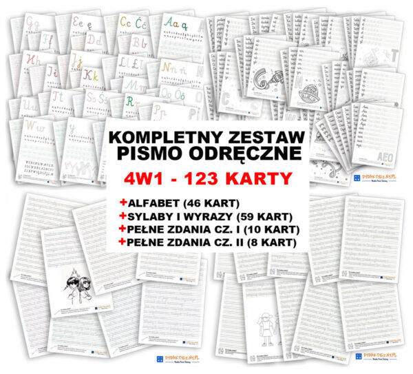 Zestaw Pismo Odręczne 3w1 - Alfabet + Sylaby i Wyrazy + Pełne Zdania - Zawiera 115 kart (Kopia) dydaktyczny